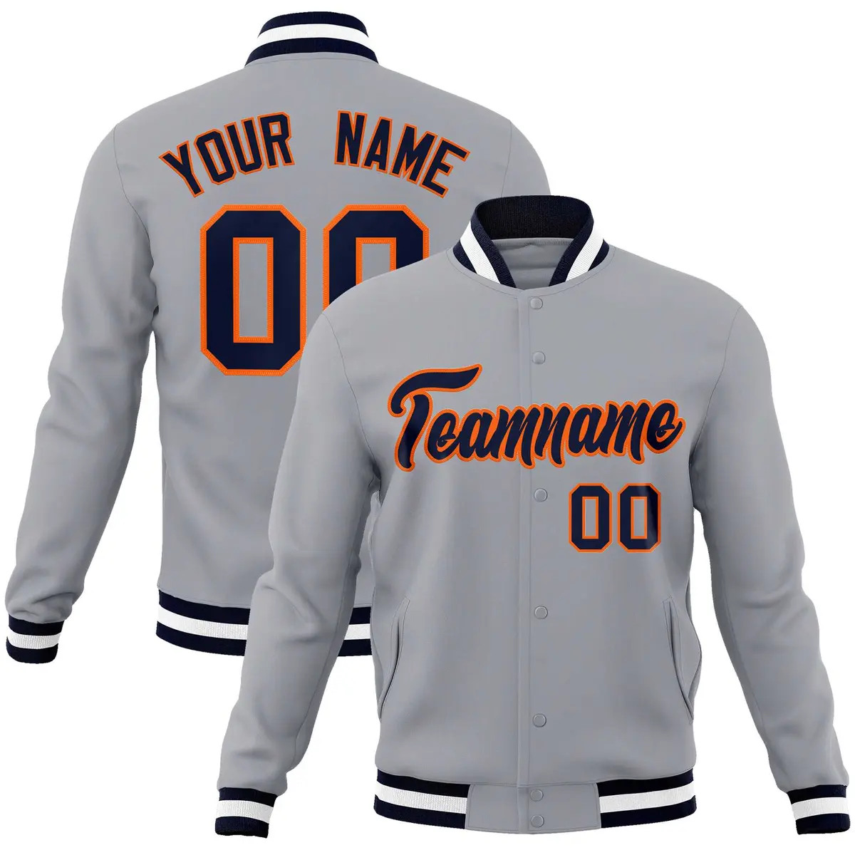 Gray Navy-Orange Classic Varsity Full-Snap Letterman Jacket
