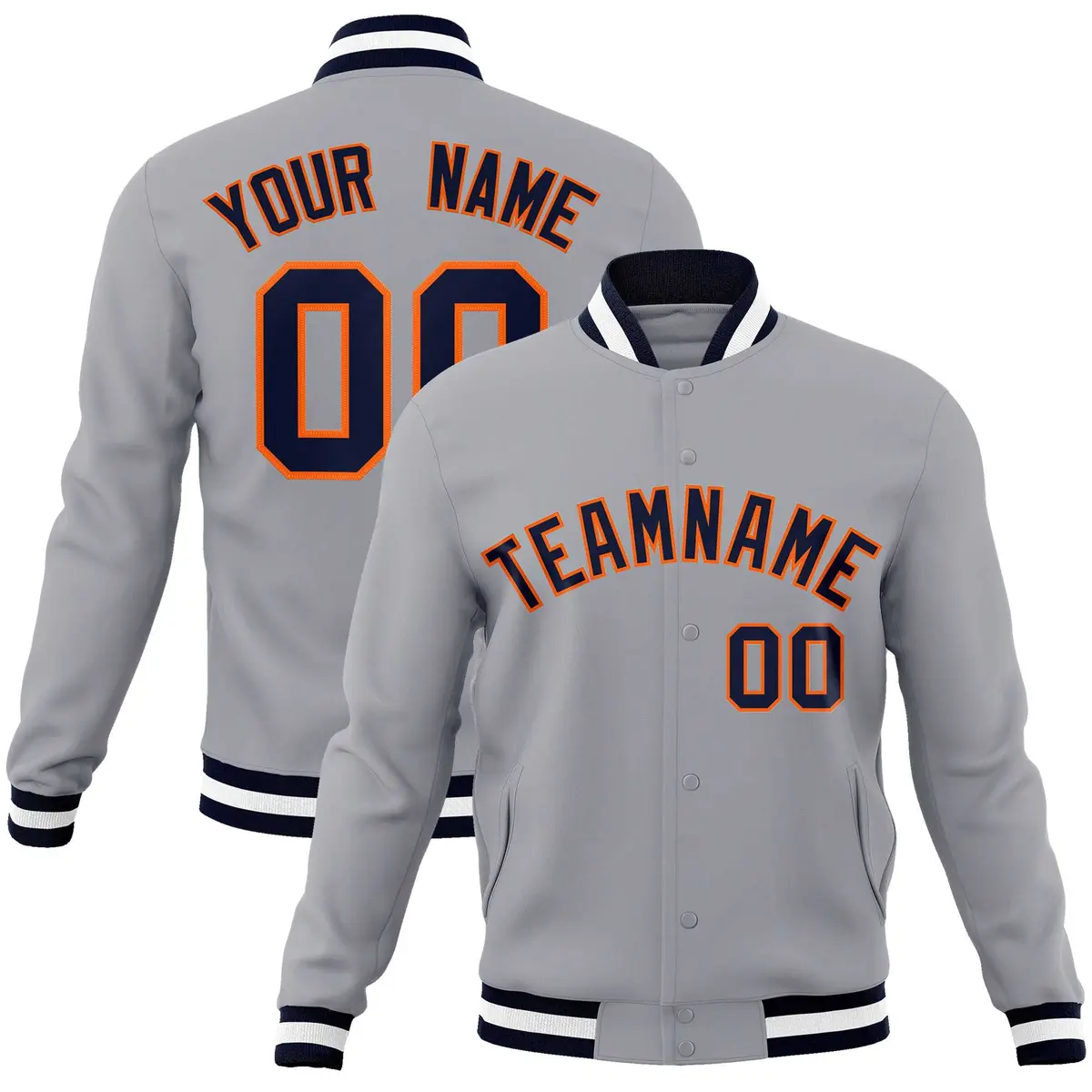 Gray Navy-Orange Classic Varsity Full-Snap Letterman Jacket