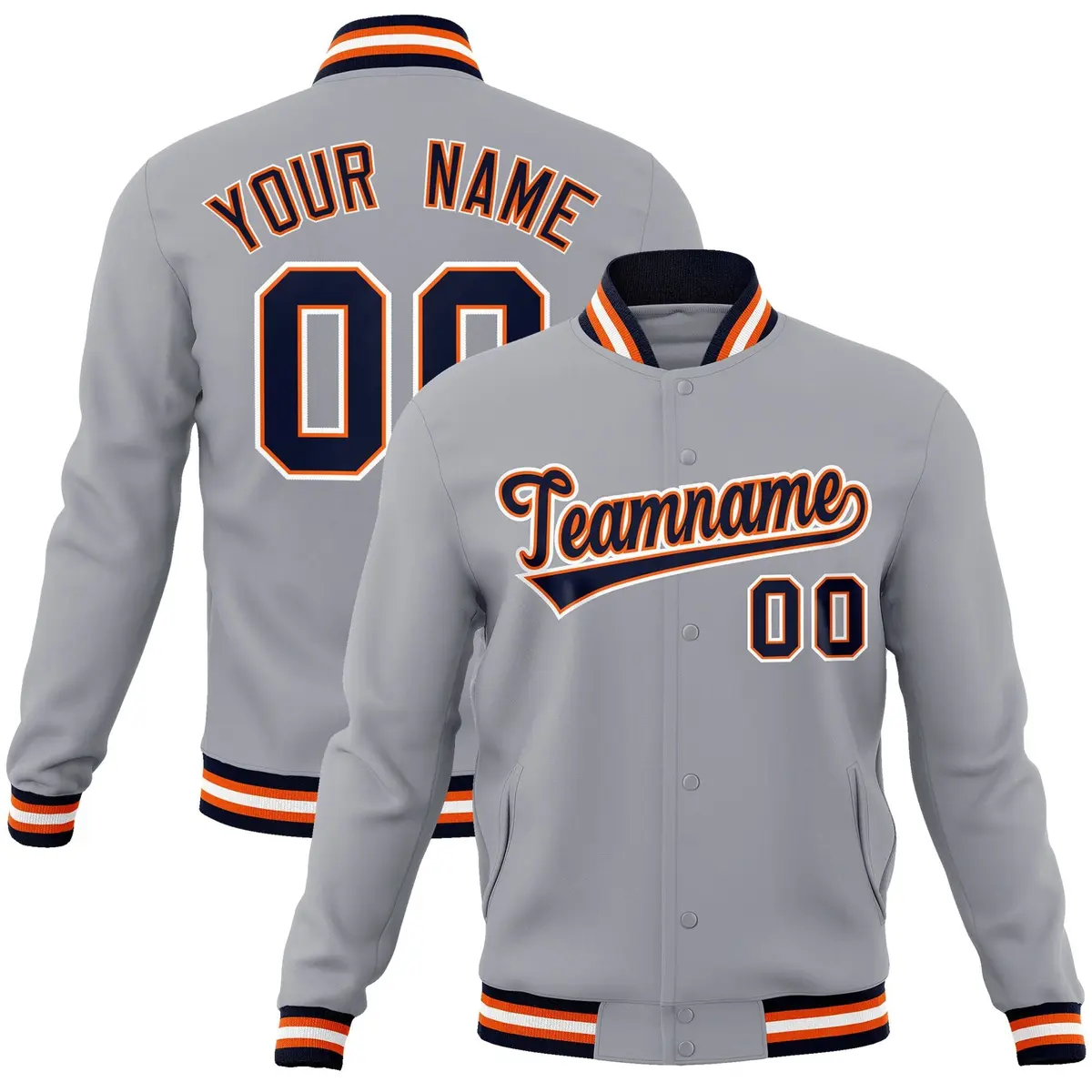 Gray Navy-Orange Classic Varsity Full-Snap Letterman Jacket