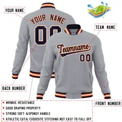 Gray Navy-Orange Classic Varsity Full-Snap Letterman Jacket 4