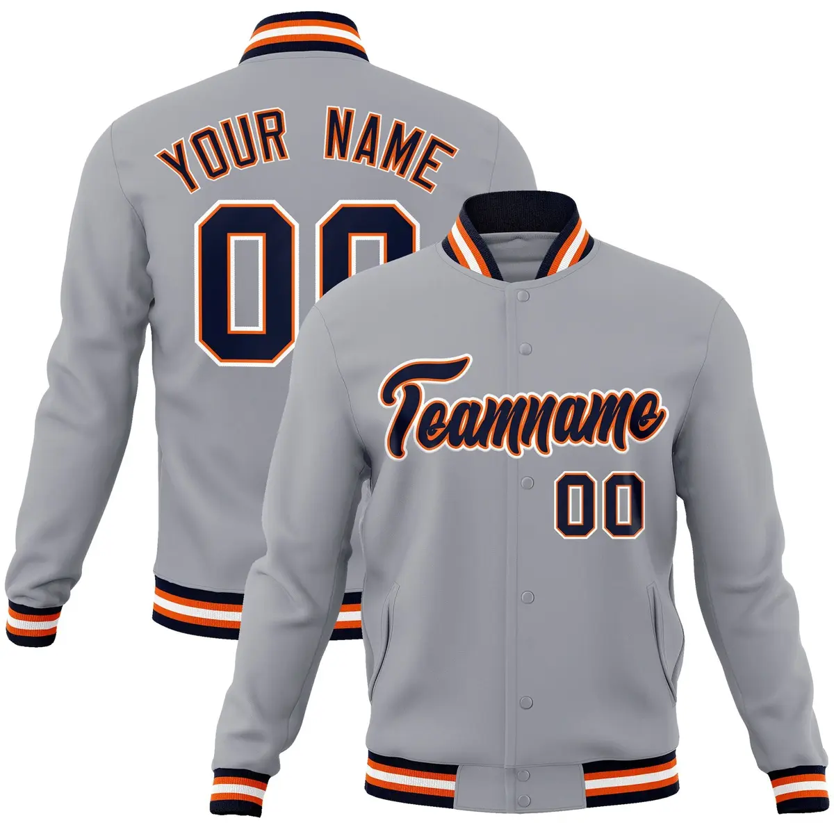 Gray Navy-Orange Classic Varsity Full-Snap Letterman Jacket