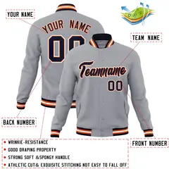 Gray Navy-Orange Classic Varsity Full-Snap Letterman Jacket 4