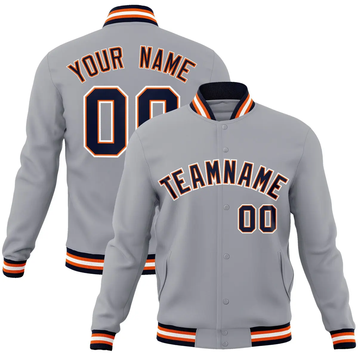 Gray Navy-Orange Classic Varsity Full-Snap Letterman Jacket