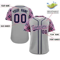 Gray Navy-Pink Raglan Sleeves Authentic Baseball Jersey 2