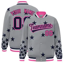 Gray Navy-Pink Star Graffiti Varsity Full-Snap Bomber Jacket