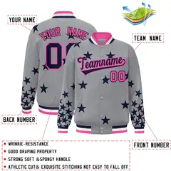 Gray Navy-Pink Star Graffiti Varsity Full-Snap Bomber Jacket 2