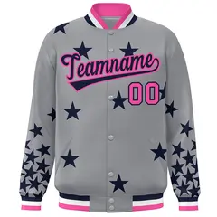 Gray Navy-Pink Star Graffiti Varsity Full-Snap Bomber Jacket 3