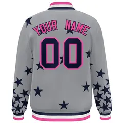 Gray Navy-Pink Star Graffiti Varsity Full-Snap Bomber Jacket 4