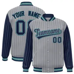 Gray Navy Pinstripe Raglan Varsity Letterman Baseball Jacket 1