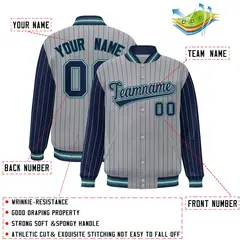 Gray Navy Pinstripe Raglan Varsity Letterman Baseball Jacket 2