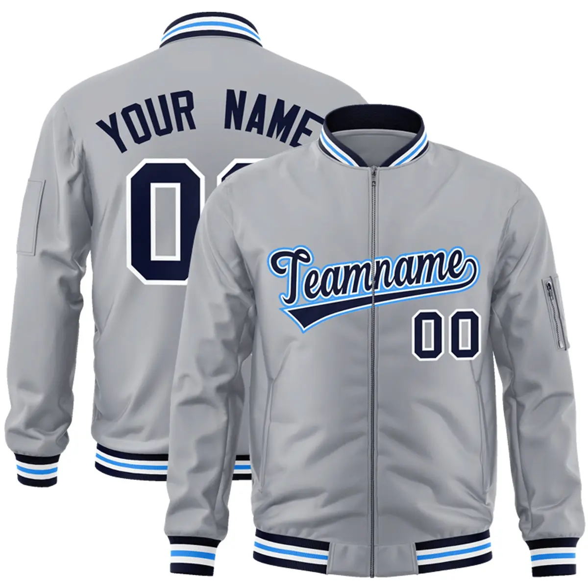 Gray Navy-Powder Blue Varsity Full-Zip Letterman Jacket