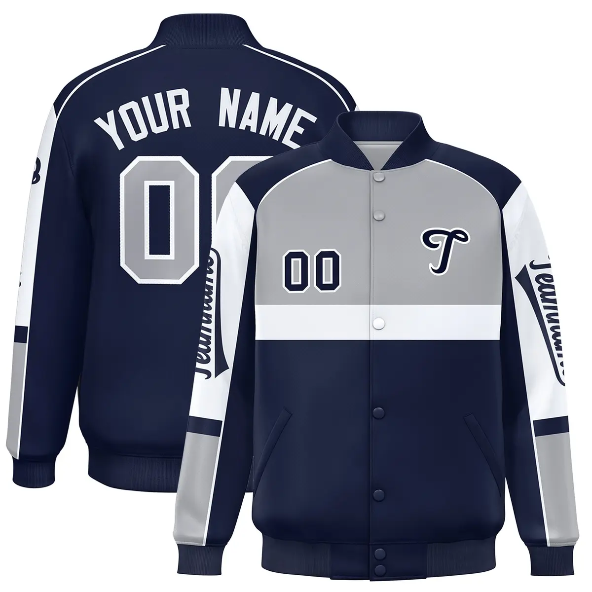 Gray Navy Raglan Sleeve Varsity Letterman Jacket