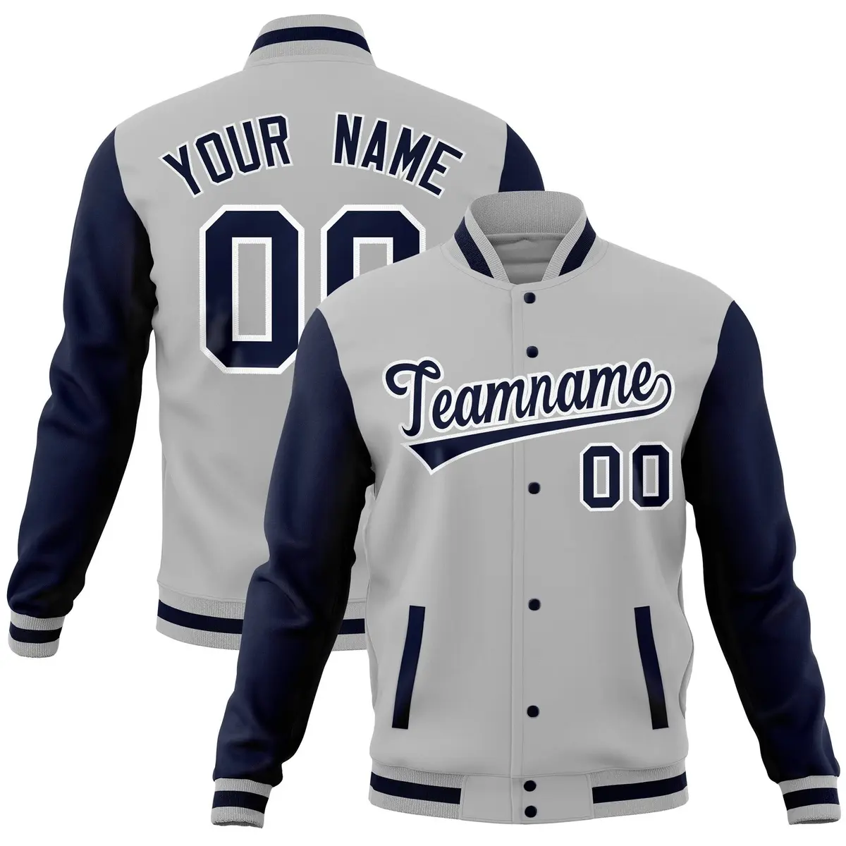 Gray Navy Raglan Sleeves Full-Snap Letterman Baseball Jacket