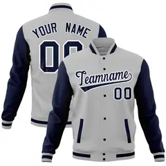 Gray Navy Raglan Sleeves Full-Snap Letterman Baseball Jacket 1