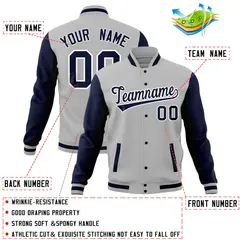 Gray Navy Raglan Sleeves Full-Snap Letterman Baseball Jacket 4