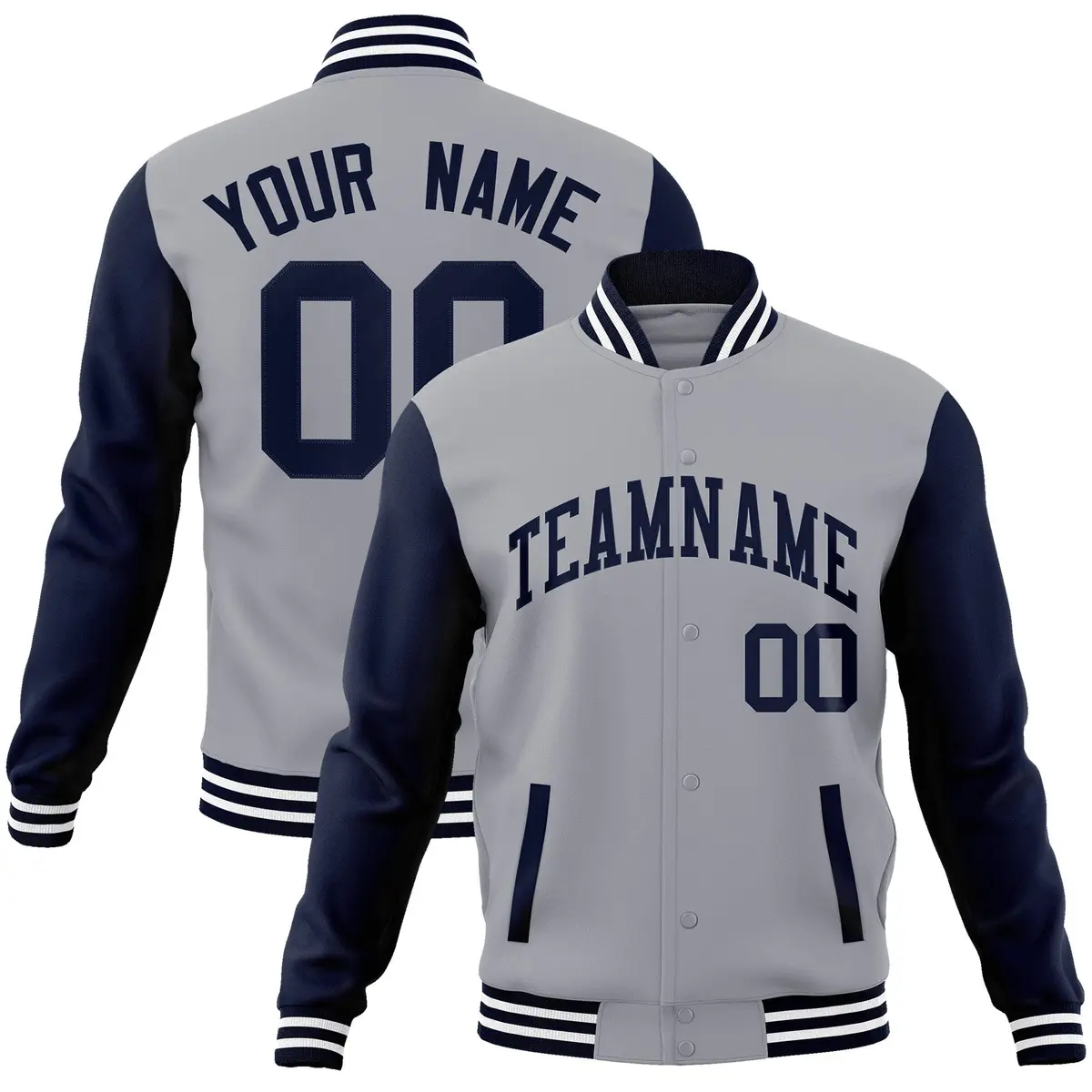 Gray Navy Raglan Varsity Full-Snap Letterman Jacket