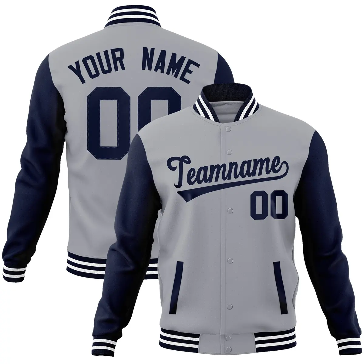 Gray Navy Raglan Varsity Full-Snap Letterman Jacket