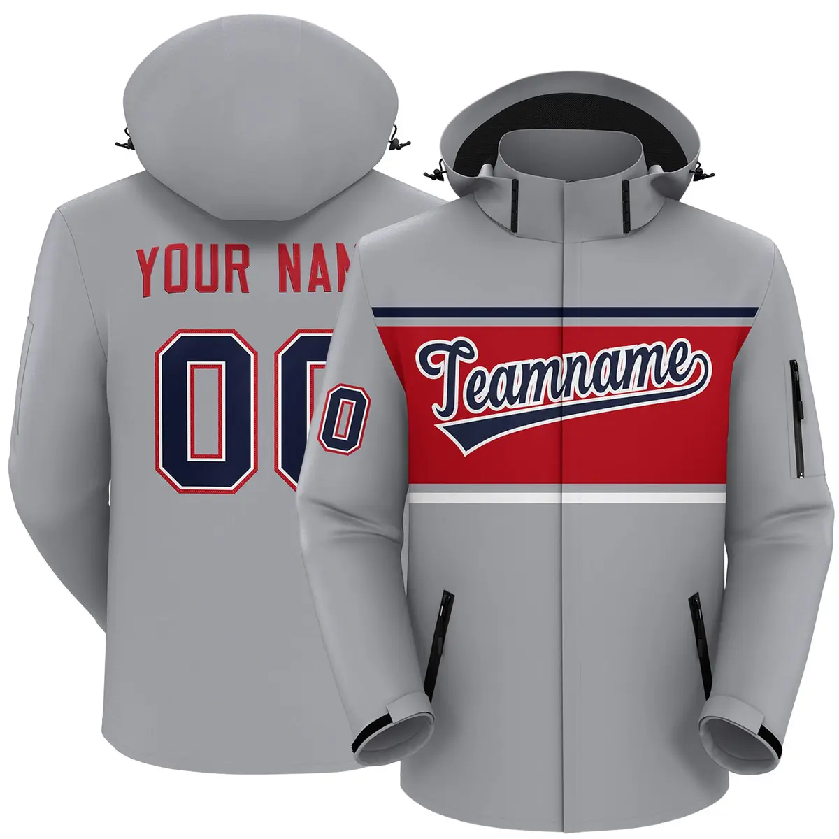 Gray Navy-Red Color Block Hooded Outdoor Waterproof Jacket