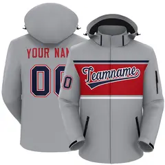 Gray Navy-Red Color Block Hooded Outdoor Waterproof Jacket