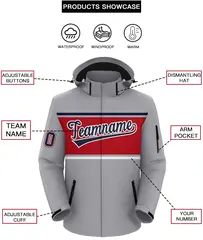 Gray Navy-Red Color Block Hooded Outdoor Waterproof Jacket 2
