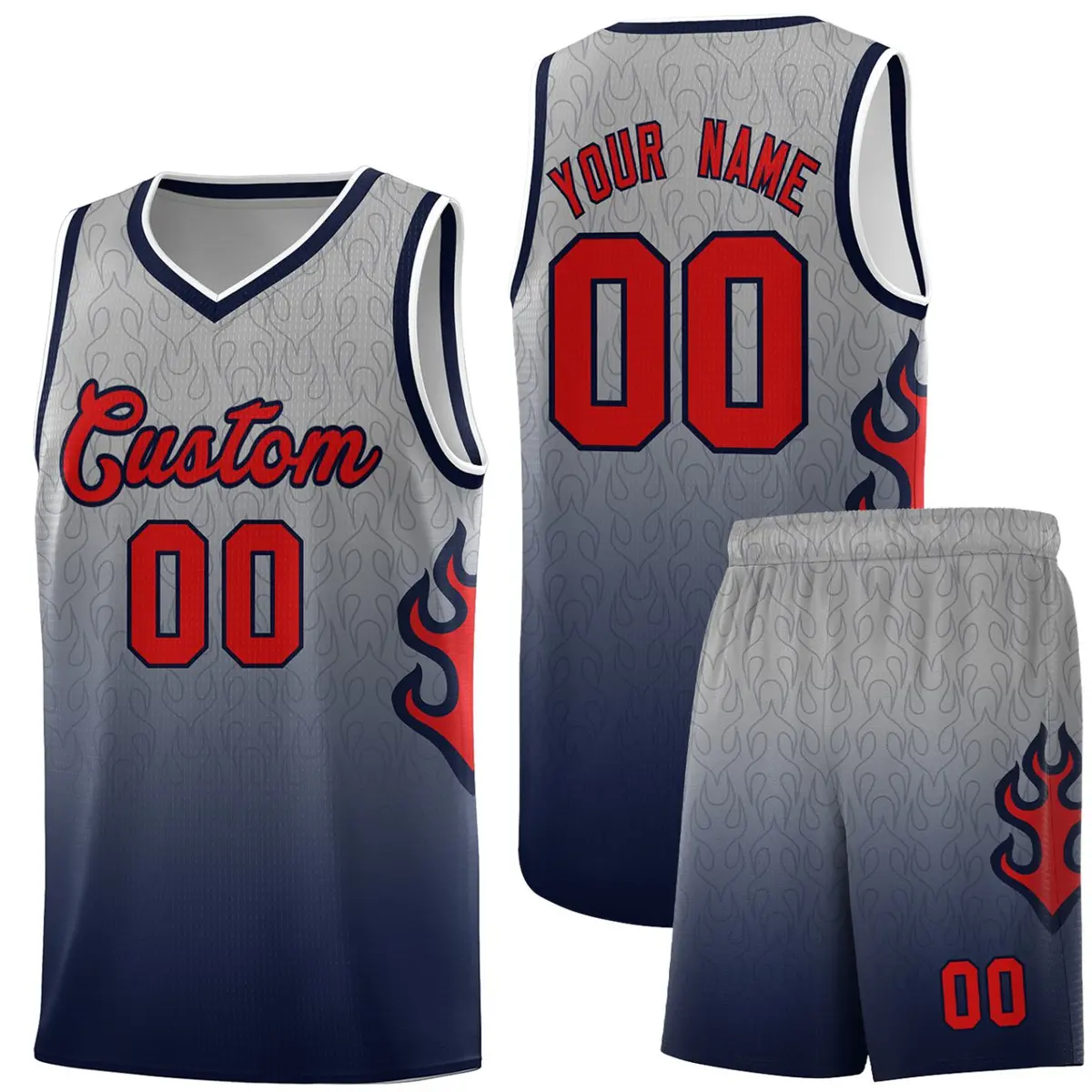 Gray Navy-Red Flame Gradient Basketball Jersey