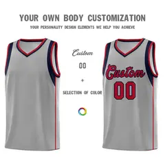 Gray Navy-Red Sleeve Color Block Classic Basketball Jersey 3