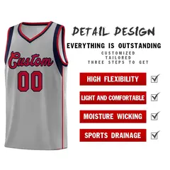 Gray Navy-Red Sleeve Color Block Classic Basketball Jersey 5