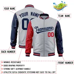 Gray Navy-Red Varsity Full-Zip Raglan Letterman Bomber Jacket 2