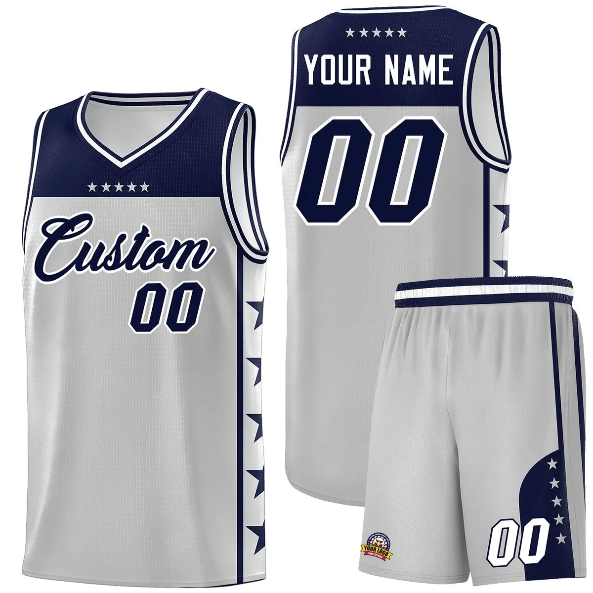 Gray Navy Star Pattern Sports Basketball Jersey