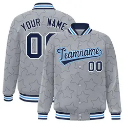 Gray Navy Star Pattern Varsity Letterman Baseball Jacket 1