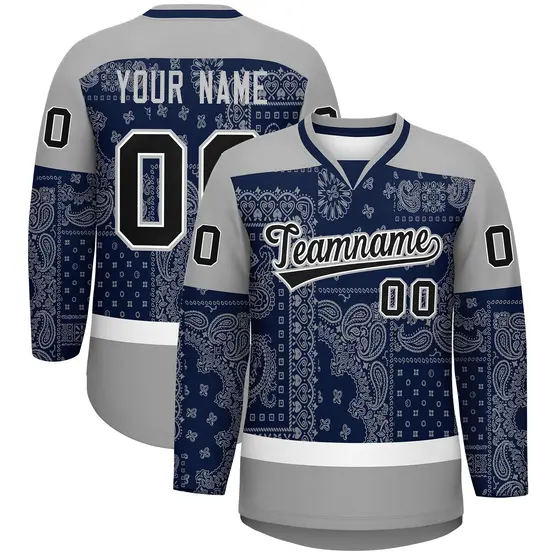 Gray Navy White Cashew Flower Graffiti V-Neck Hockey Jersey