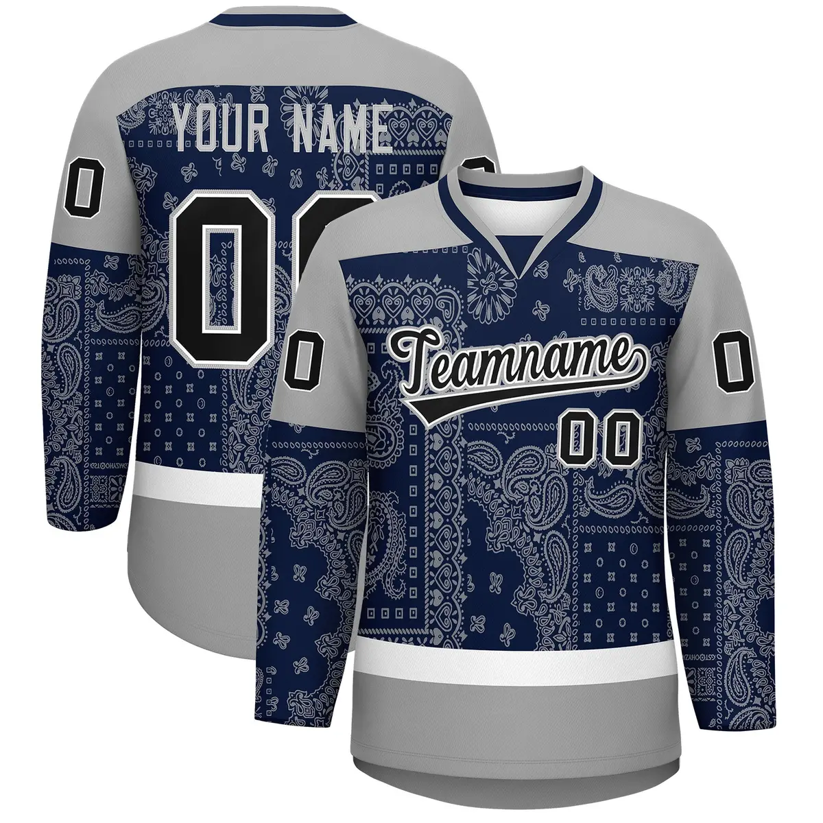 Gray Navy White Cashew Flower Graffiti V-Neck Hockey Jersey