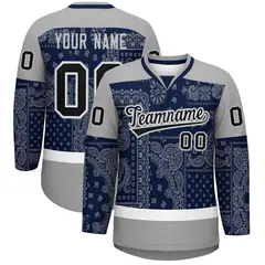 Gray Navy White Cashew Flower Graffiti V-Neck Hockey Jersey 1