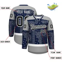 Gray Navy White Cashew Flower Graffiti V-Neck Hockey Jersey 2
