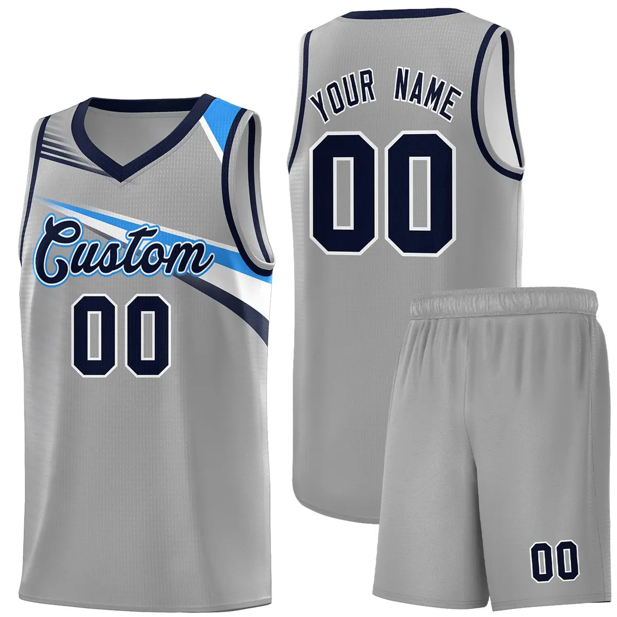 Gray Navy-White Chest Color Block Basketball Uniform Jersey