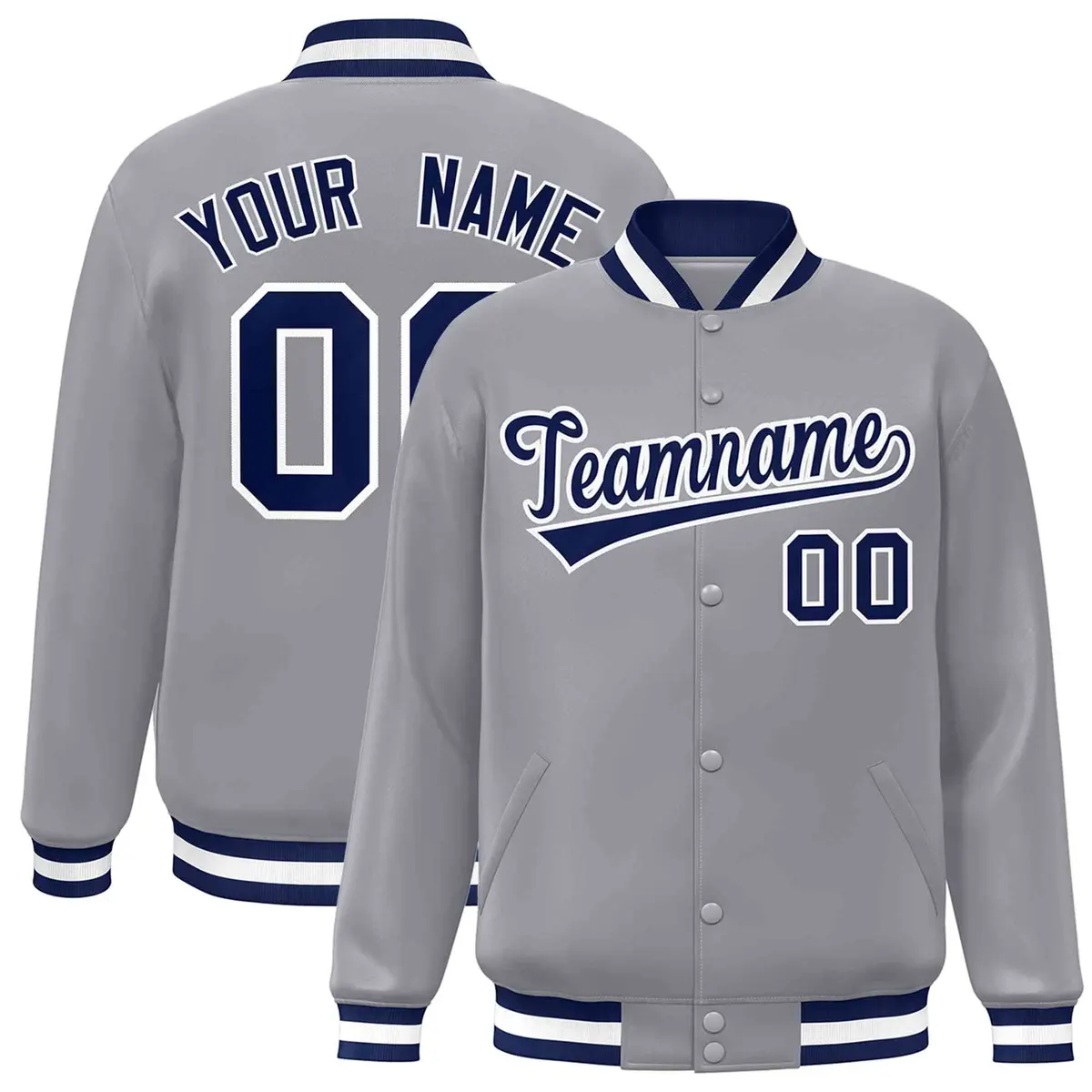 Gray Navy-White Classic Varsity Full-Snap Letterman Jacket
