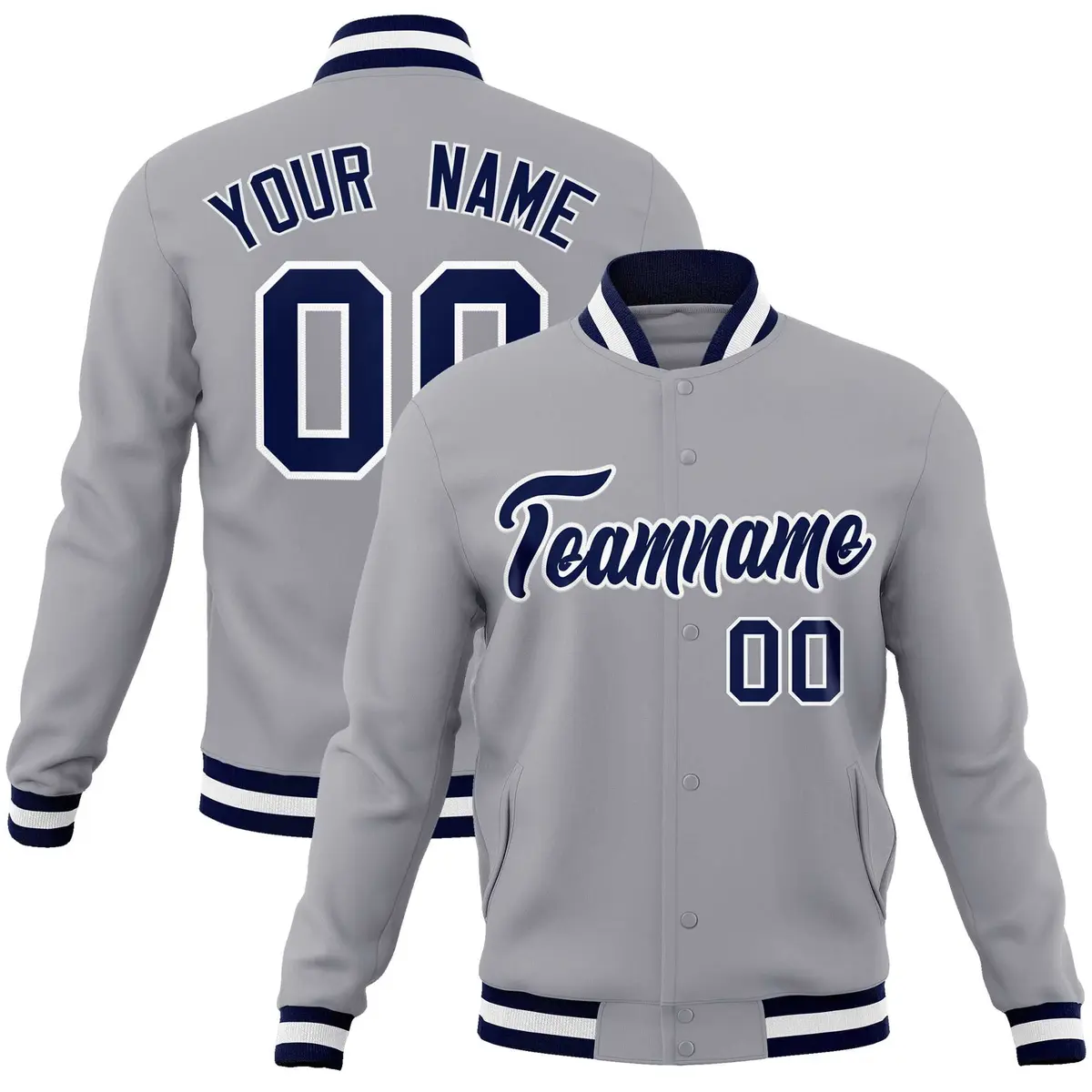 Gray Navy-White Classic Varsity Full-Snap Letterman Jacket