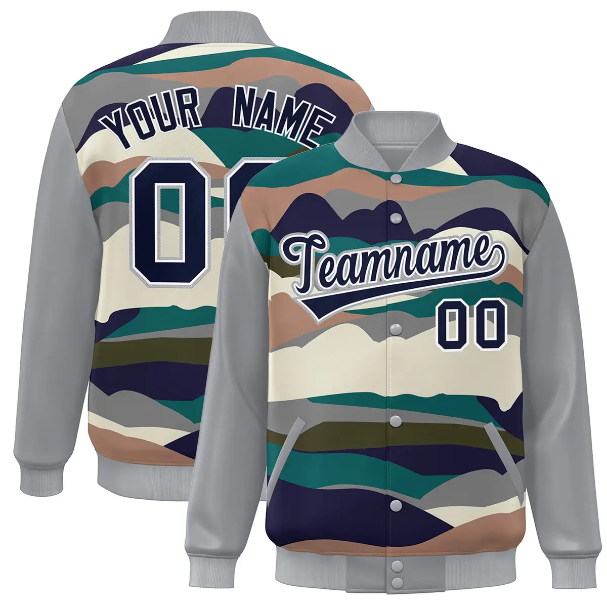 Gray Navy-White Clouds Graffiti Varsity Full-Snap Jacket