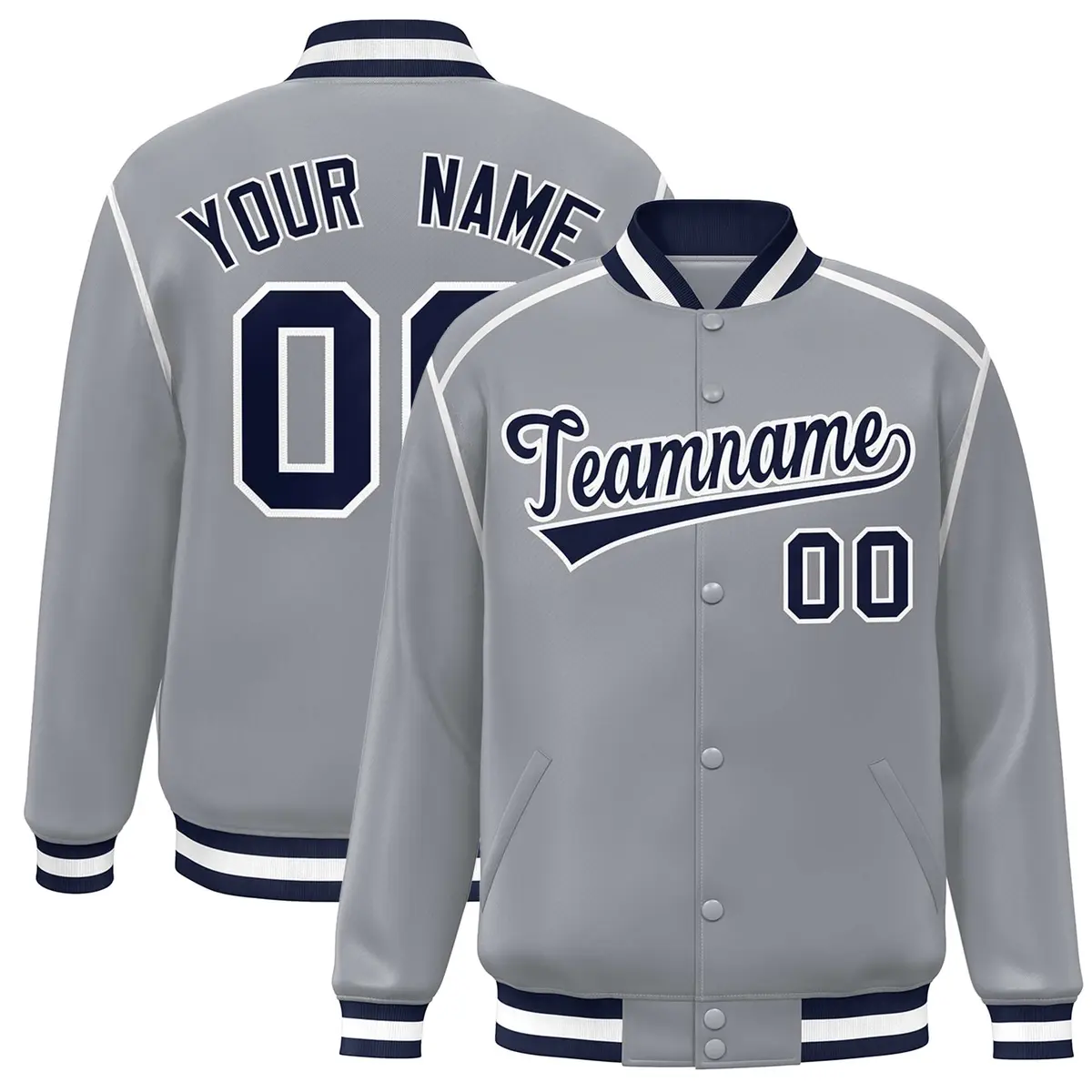 Gray Navy-White Color Block Ribbon Varsity Full-Snap Bomber Jacket