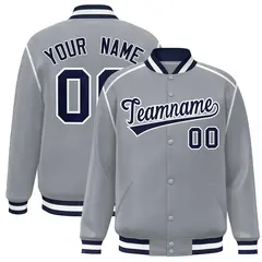 Gray Navy-White Color Block Ribbon Varsity Full-Snap Bomber Jacket