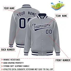 Gray Navy-White Color Block Ribbon Varsity Full-Snap Bomber Jacket 2