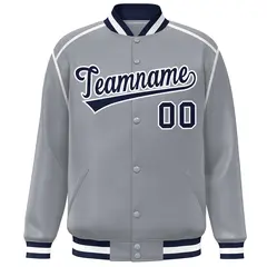 Gray Navy-White Color Block Ribbon Varsity Full-Snap Bomber Jacket 3