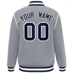Gray Navy-White Color Block Ribbon Varsity Full-Snap Bomber Jacket 4