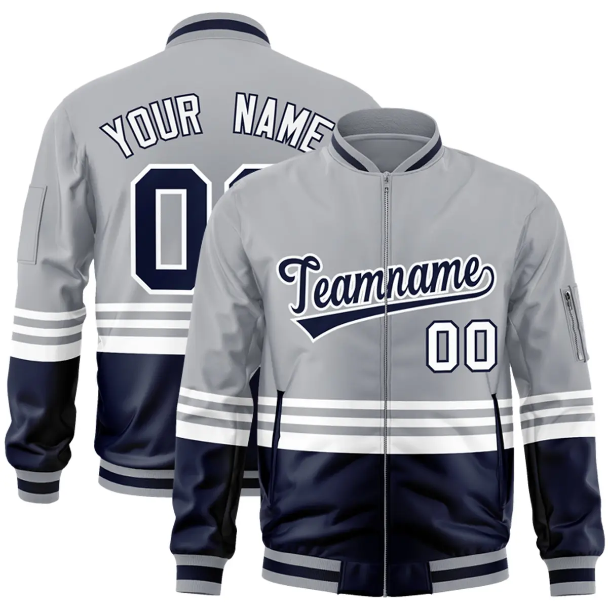 Gray Navy-White Color Block Varsity Letterman Bomber Jacket