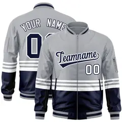 Gray Navy-White Color Block Varsity Letterman Bomber Jacket 1