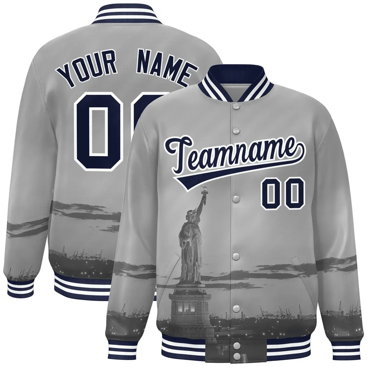 Gray Navy White New York City Skyline Varsity Full-Snap Jacket