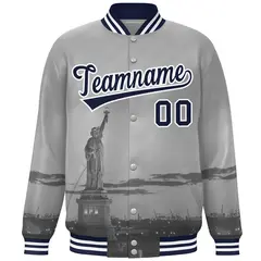 Gray Navy White New York City Skyline Varsity Full-Snap Jacket 3