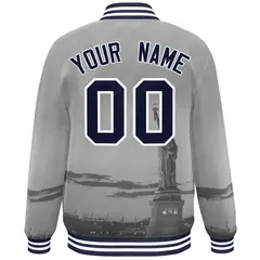 Gray Navy White New York City Skyline Varsity Full-Snap Jacket 4