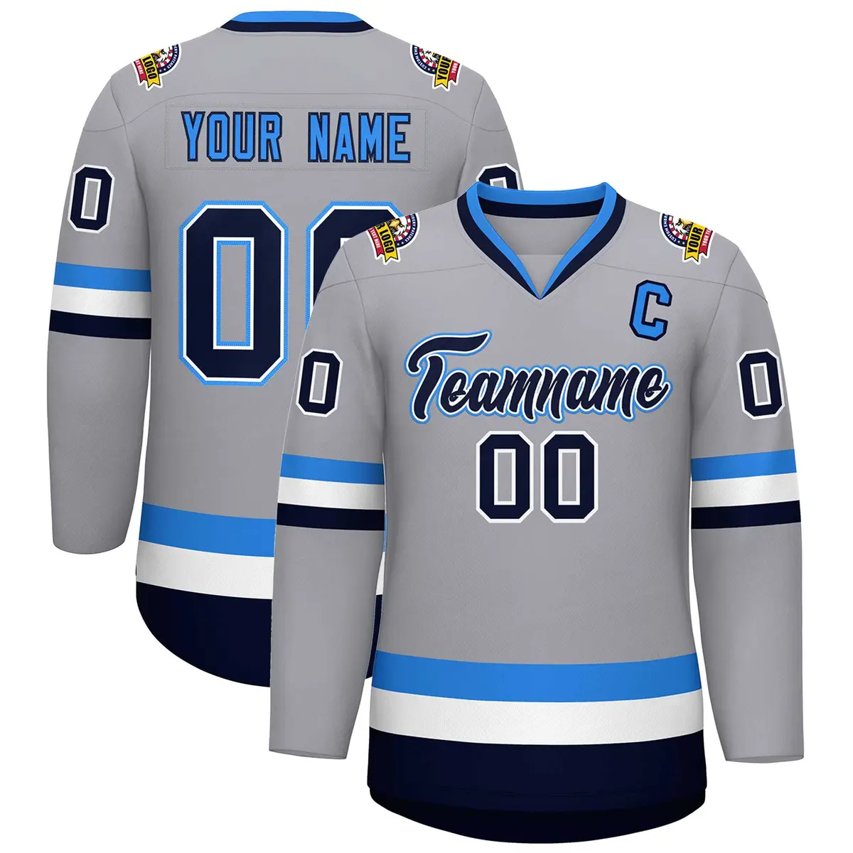 Gray Navy White-Powder Blue Classic Style Hockey Jersey