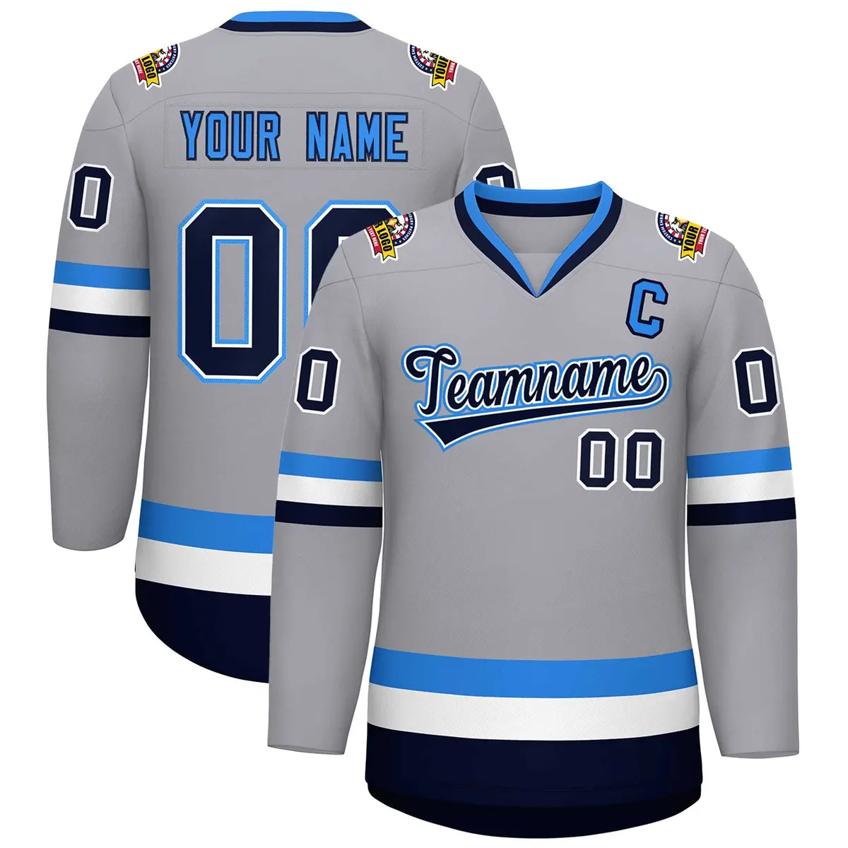 Gray Navy White-Powder Blue Classic Style Hockey Jersey